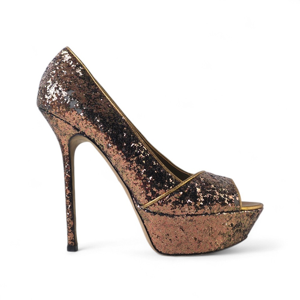 Sergio Rossi Glitter Peep-Toe Platform Pumps - Bronze/Rose Gold - Size 38.5